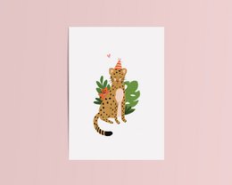 Colorful birthday card with a tiger design, featuring a tiger wearing a party hat and surrounded by leaves. The card is made of kraft paper and comes without an envelope.