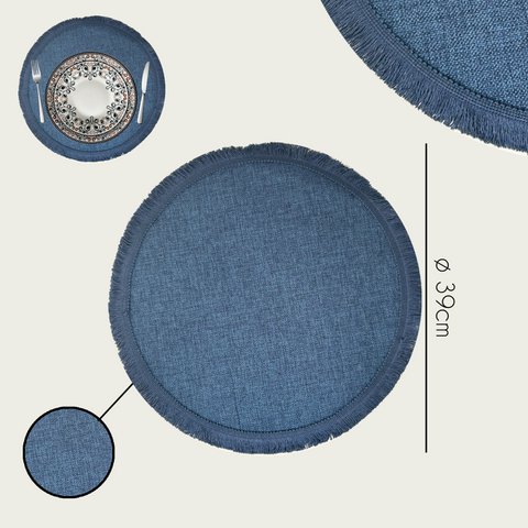Arca TONDA Placemat Round 39cm, with fringe, blue, polyester