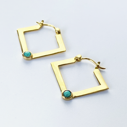 Gold plated accent earrings with semi-precious stones. Available in lapis lazuli, amazonite, rhodochrosite, and jasper zebre. Geometric square hoop design.