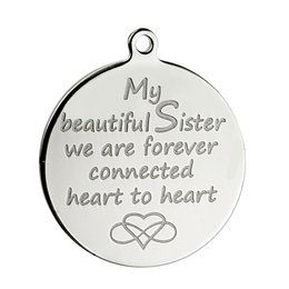 Silver-colored round pendant with the text "My beautiful Sister we are forever connected heart to heart" and the brand name "PINKIEZZ 316 STEEL".