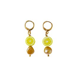  Gold-toned earrings with lemon-colored beads and pearls, creating a stylish and elegant accessory.