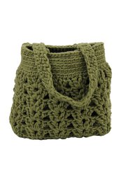 A crocheted olive green wool shoulder bag with a textured pattern. The bag has a roomy interior and sturdy handles, making it a practical and stylish accessory.