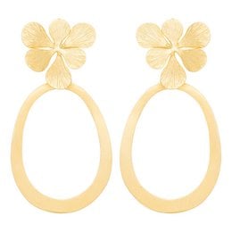 Elegant gold-tone flower earrings with oval-shaped hoops. Suitable for formal or casual wear.