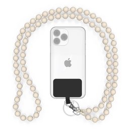 Handmade wooden bead phone chain in neutral tones, featuring a universal design to fit most smartphones.
