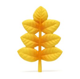 Gold leaf teething toy in the shape of a leaf, designed for babies to safely chew on and soothe their gums during teething.