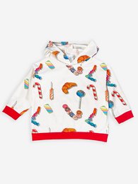 Colorful baby hoodie with a pattern of various candies and sweets. Made of soft, comfortable material. Available in sizes 3-6 months, 6-9 months, 9-12 months, and 12-18 months.