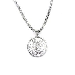 Silver-toned circular charm pendant featuring an eagle design, representing the 50 Pesos coin from Mexico. The pendant has a detailed engraved eagle symbol and hangs from a sturdy metal chain.