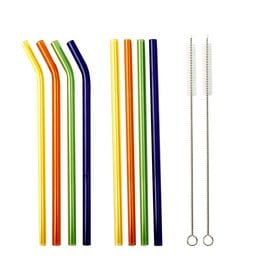 Reusable glass drinking straw set in mixed colors, including straws in yellow, orange, green, blue, and purple, as well as a cleaning brush.
