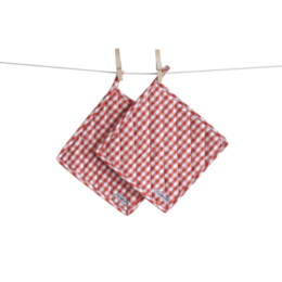  Red and white checkered potholder, made of cotton fabric, with a square shape and a hanging loop.