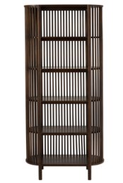 Dark brown mango wood bookcase with 5 shelves and vertical slat design.