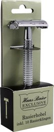 Safety razor value pack with 10 razor blades. Includes a chrome-plated razor handle with a textured grip for a secure hold.