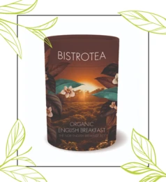  Dark brown tea leaves in a pouch with the text "BISTROTEA ORGANIC ENGLISH BREAKFAST" against a scenic landscape background.