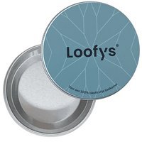 Black soap dish with a round, textured design and the "Natural Loofy's" logo printed on it.