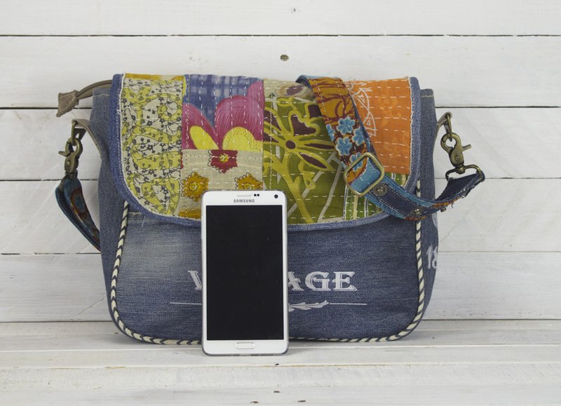 Bolso de hombro sostenible de mujer Sunsa. Bolso de hombro hecho de tela de jeans y sari reciclados (lienzo). Bolso estilo retro vintage. Bolso bandolera para mujer.