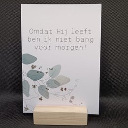 A Christian greeting card with the text "Because He lives, I am not afraid of tomorrow" and a nature-inspired illustration featuring leaves and stones.