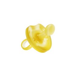 Large yellow anatomical pacifier with butterfly design, made of natural rubber.