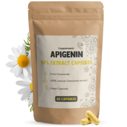  Apigenin Extract Capsules 100 mg, 60 Capsules. Dietary supplement containing pure apigenin extract derived from chamomile. Vegan capsules.