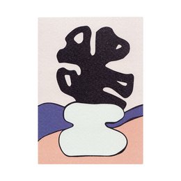 Decorative postcard with bold, abstract floral design in black, blue, and pink tones.