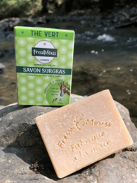 Organic goat milk and honey soap bar with green tea. Natural, moisturizing ingredients.