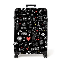 A black lightweight suitcase with a pattern of travel-themed doodles and icons, including airplanes, the Eiffel Tower, and the words "Hello World". The suitcase has 4 wheels for easy rolling.