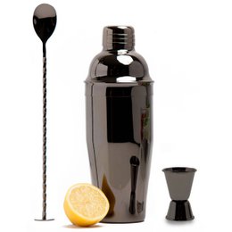 Premium 3-piece stainless steel cocktail set in black, including a cocktail shaker, jigger, and muddler. Ideal for making professional-quality cocktails at home.
