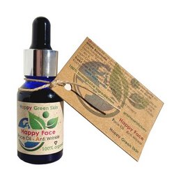Anti-wrinkle face lifting oil, 100% organic, with prickly pear seed oil. The product has a happy face design on the packaging.