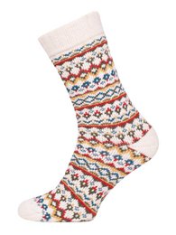  A pair of 45% wool socks with a colorful, patterned design in shades of burgundy, grey, and mustard. The socks feature a variety of sizes from 35-38 to 47-50.