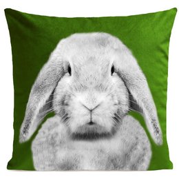 Soft, plush green cushion with a close-up image of a fluffy gray rabbit.