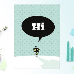 "A4 picture of small robots for the children's room. The image shows a cute robot character saying "Hi" in a speech bubble against a mint green background with white polka dots."
The image shows a simple, minimalist illustration of a small robot character with large eyes and a speech bubble above it saying "Hi". The background is a mint green color with white polka dots, giving it a playful and whimsical feel that would be suitable for a children's room. The image has a clean, modern design that would work well as a poster or wall art for a kid's space.