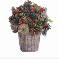 Weihnachtsarrangement Glas - rote Beeren | Ø 22cm | Dekorative und gut gefüllte Weihnachtsdeko im stabilen Topf aus Naturmaterialien mit weißen Details | Rot