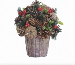 A round, decorative Christmas arrangement in a sturdy pot, filled with natural materials like pine cones, red berries, and white details, creating a festive and rustic holiday decoration.