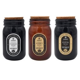 Tall round scented candle in glass jar with cork stopper, available in various scents.
