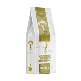Arabica 1kg coffee beans in a white and gold packaging. The product is described as 100% Arabica coffee beans.