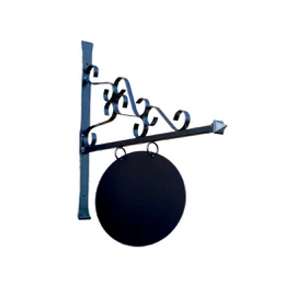  Black powder-coated iron wall sign, oval shape, romantic scrollwork design, hanging bracket, decorative metal signage