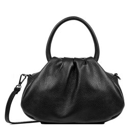  Genuine leather handbag in black, brown, dark green, and dark burgundy colors. Structured, domed shape with dual handles.