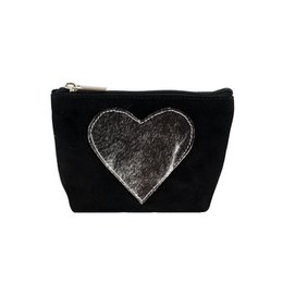 Black makeup bag with a heart-shaped design in a contrasting silver color.