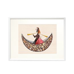 A vibrant wall art piece depicting a woman sitting on a crescent moon against a patterned background. The artwork features a woman in a flowing pink dress playing a musical instrument, surrounded by intricate floral and geometric designs.