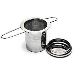  Stainless steel tea strainer with foldable drip tray for easy storage and use. Durable and rust-resistant construction.