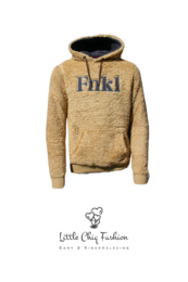 Cozy beige teddy sweater with "Funkle" text graphic for kids. Made of soft, warm material. Available in a range of sizes from 86/92 to 170/176 cm.