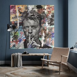 Colorful pop art portrait of David Bowie with graffiti-style background, available in multiple sizes.