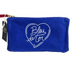 Blue velvet makeup pouch with heart design and "Bleu de Toi" text, Belgian Attitude collection