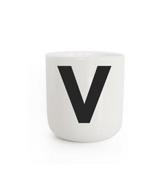 A white ceramic mug with a large black letter "V" printed on the front. The mug has a simple, minimalist design that would be suitable for everyday use or as a decorative accent piece.