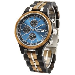 Stylish wooden watch with chronograph function, available in blue and red dial variants.