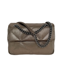 Metallic vintage silver handbag with quilted pattern and chain strap.