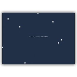 A beautiful Christmas card with the text "Every year again" printed on a navy blue background with white stars.