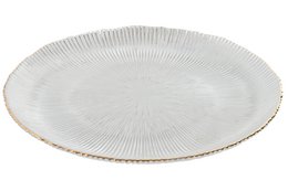  Transparent glass plate with radial ribbed pattern, 27 cm diameter, 2 cm height, suitable for dinner service.
