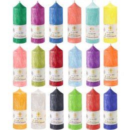 Eco Palm Wax Candles in 18 vibrant colors including Bright Green, Burgundy, Coral, Dark Blue, Fuchsia, and more. Pillar candle shape with a variety of hues perfect for home decor.