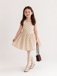  Cream polka dot dress, short sleeves, gathered waist, kids' casual style, brown dots pattern