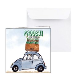 Greeting card featuring a vintage car with the text "Booost!" and a scenic landscape in the background. The card is suitable for various occasions.