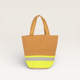  Round tote bag, chartreuse yellow stripe, tan canvas material, large capacity handbag